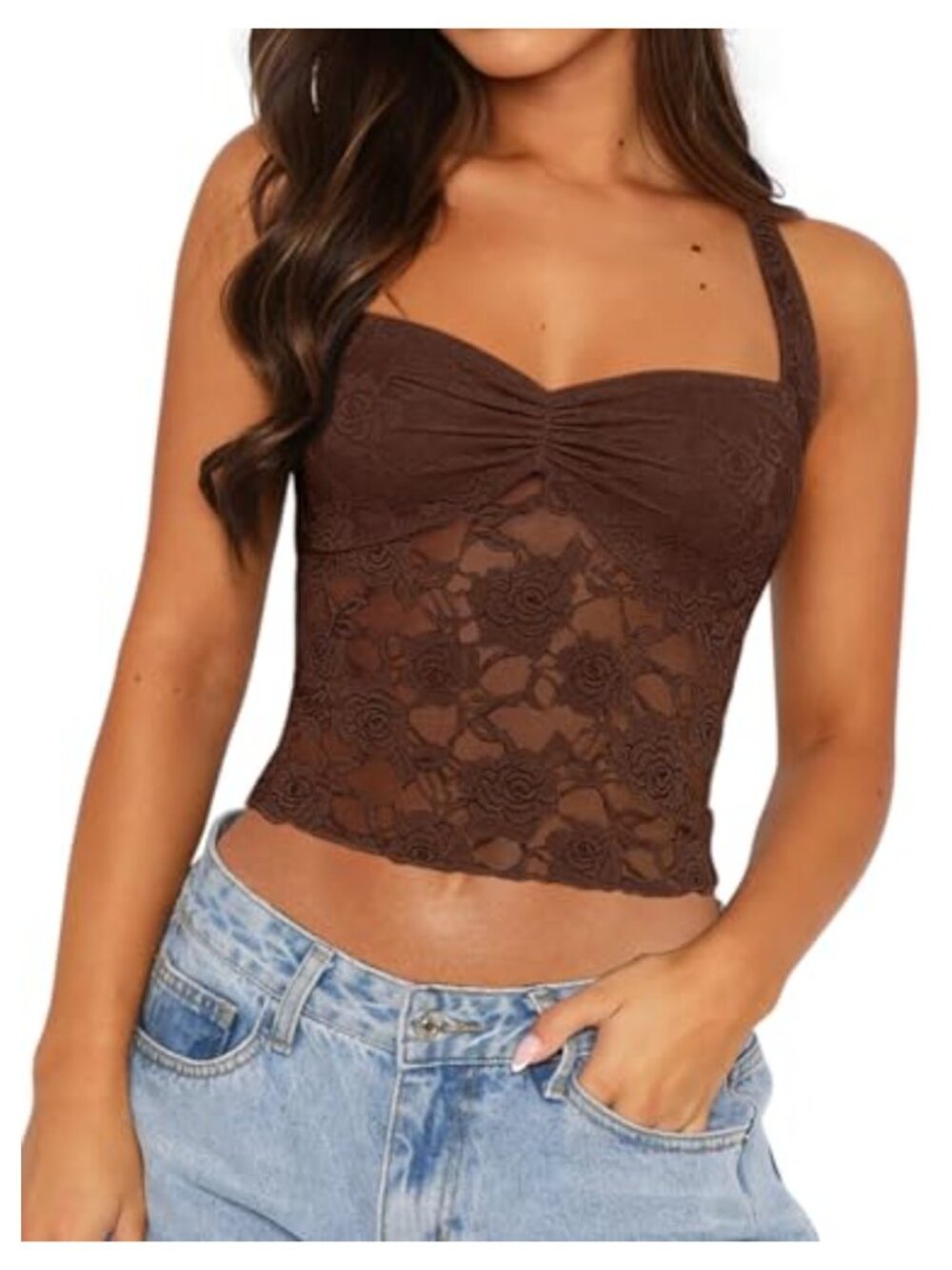 Lace Halter Crop Top Adjustable Straps Ruched Bust Backless Tank Top